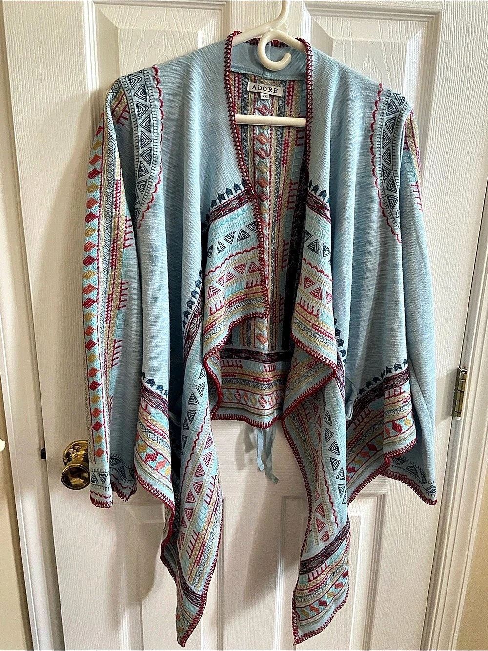 ADORE Geometric Draped Cardigan in Blue & Red Size XL